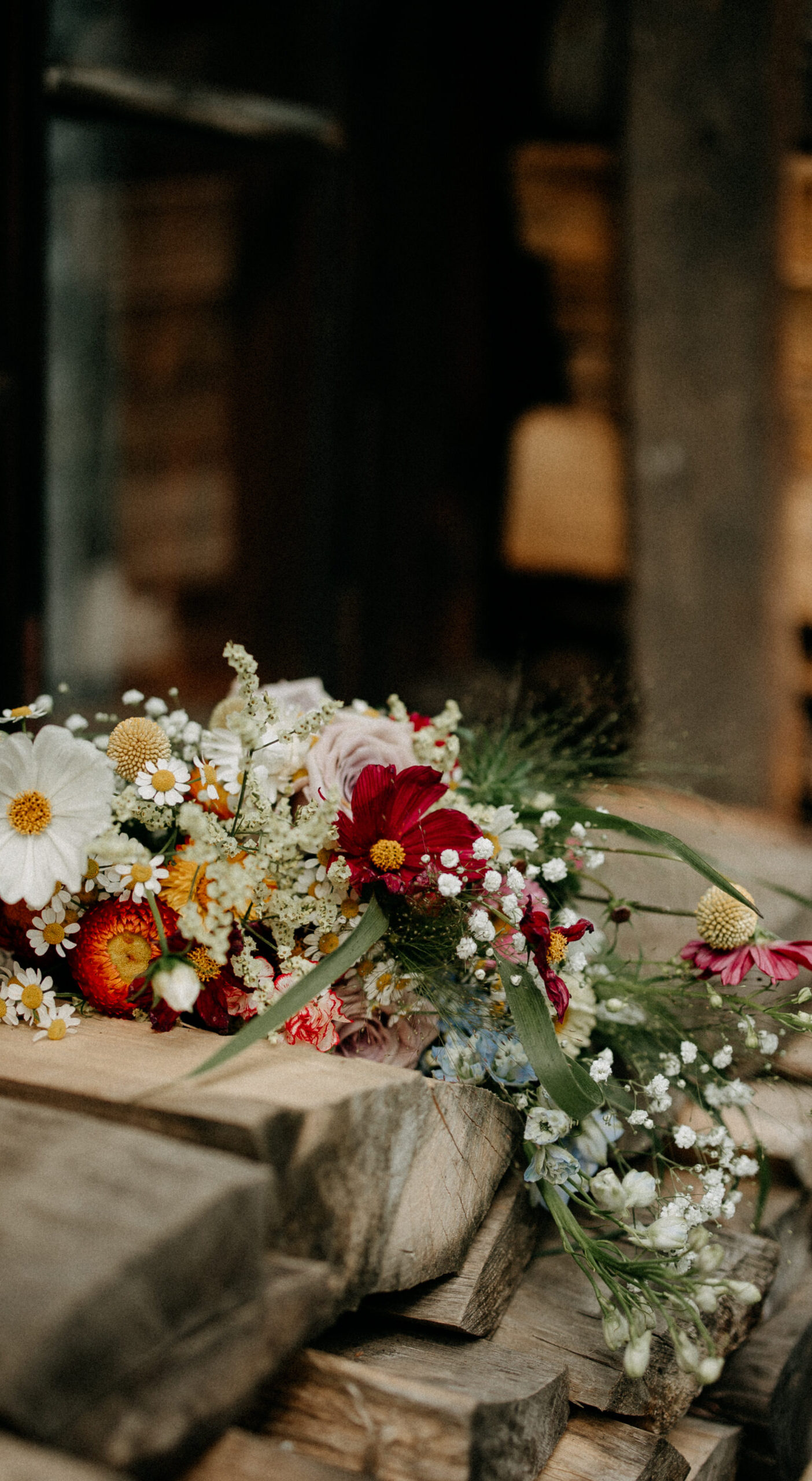 Close-up of a soft wildflower bouquet resting on stacked firewood beside a dark wooden cabin — Ferny Tales preorder information section image.